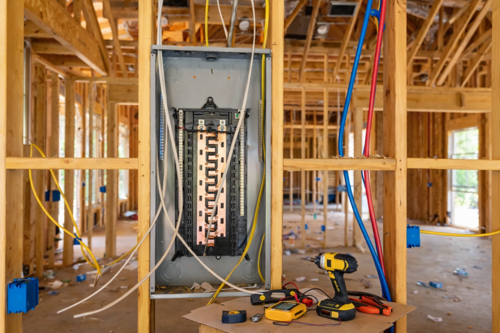 Electrical panel installed during new home construction with wiring and framing visible