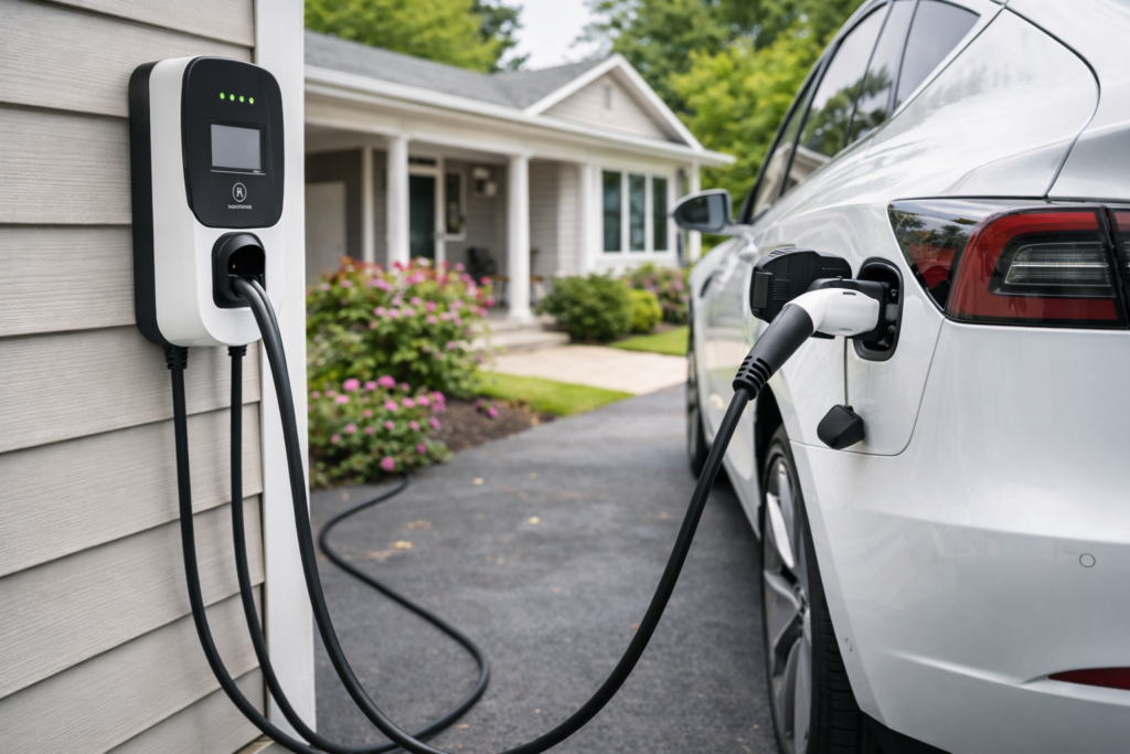 Electric vehicle charging at a home using a professionally installed EV charger in a residential driveway