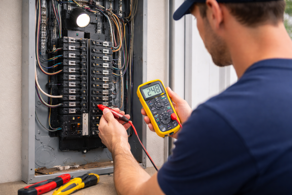 Licensed electrician testing voltage inside a residential electrical breaker panel with a multimeter