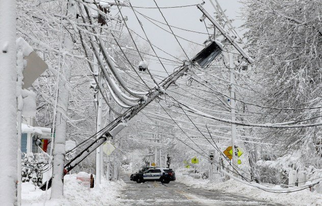 Downed power lines and utility poles after a winter storm causing a power outage in Pennsylvania