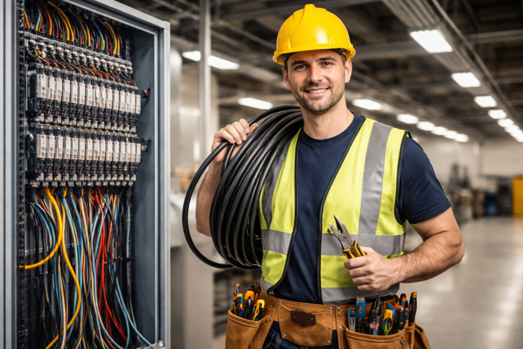 Commercial electrician standing next to an electrical control panel with wiring inside an industrial facility