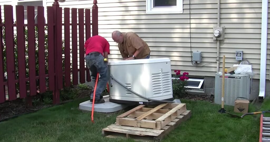 Electricians installing a whole-house standby generator at a residential home in Pennsylvania